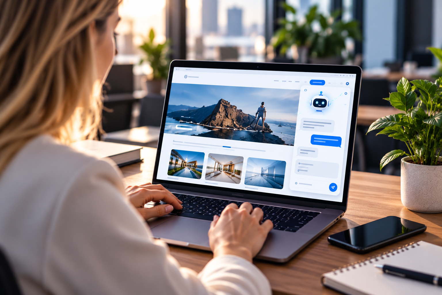 Profesional utilizando una web con chatbot integrado en un portátil
